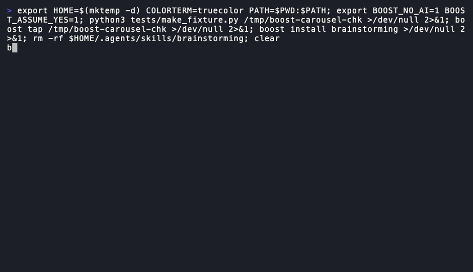 Terminal recording: boost doctor finds a skill missing from the store and three broken agent symlinks; boost heal reinstalls the skill from its tap and removes the broken links; a second boost doctor run comes back healthy.