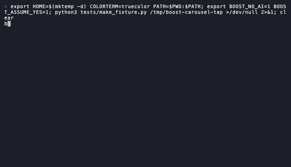 Terminal recording: boost tap --catalog --category rag --dry-run lists 7 curated RAG skill registries offline; boost tap then adds a real registry and boost taps confirms it is tracked with its skill count.